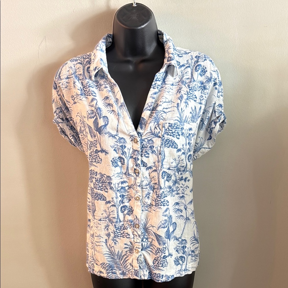 Nicole Miller Blue & White Floral Tropical Print Button Down Shirt Linen Blend L
